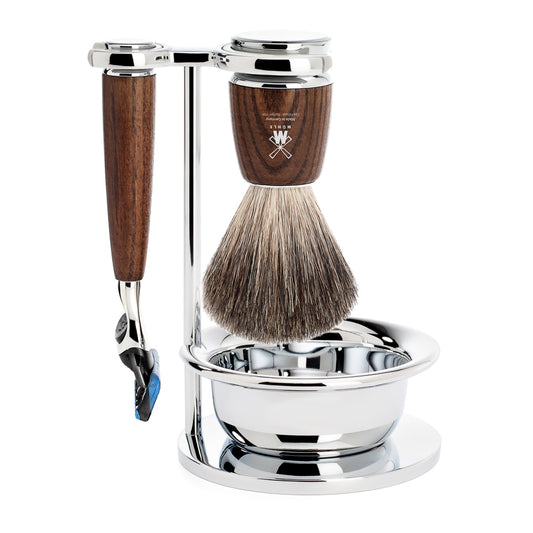 MUHLE RYTMO 4 Piece SHAVING SET. FUSION 5-BLADE RAZOR & PURE BADGER BRUSH with BOWL. STEAMED ASH HANDLE - Blackwood Barbers