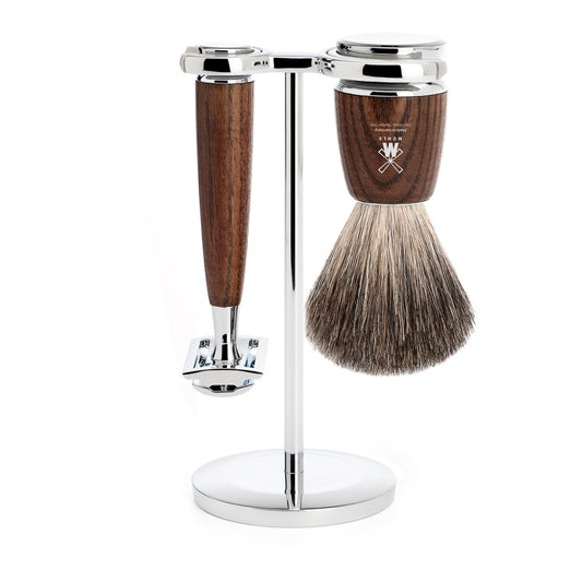 MUHLE RYTMO 3 Piece SHAVING SET. SAFETY RAZOR & PURE BADGER BRUSH. STEAMED ASH HANDLE - Blackwood Barbers