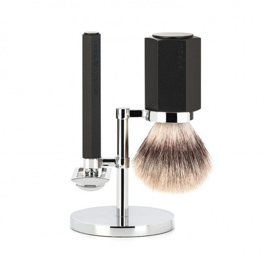 MUHLE Hexagon 3-pce Shave Kit Graphite- Silvertip brush, Safety razor and chrome plated stand. Anodised, Graphite Handles - Blackwood Barbers