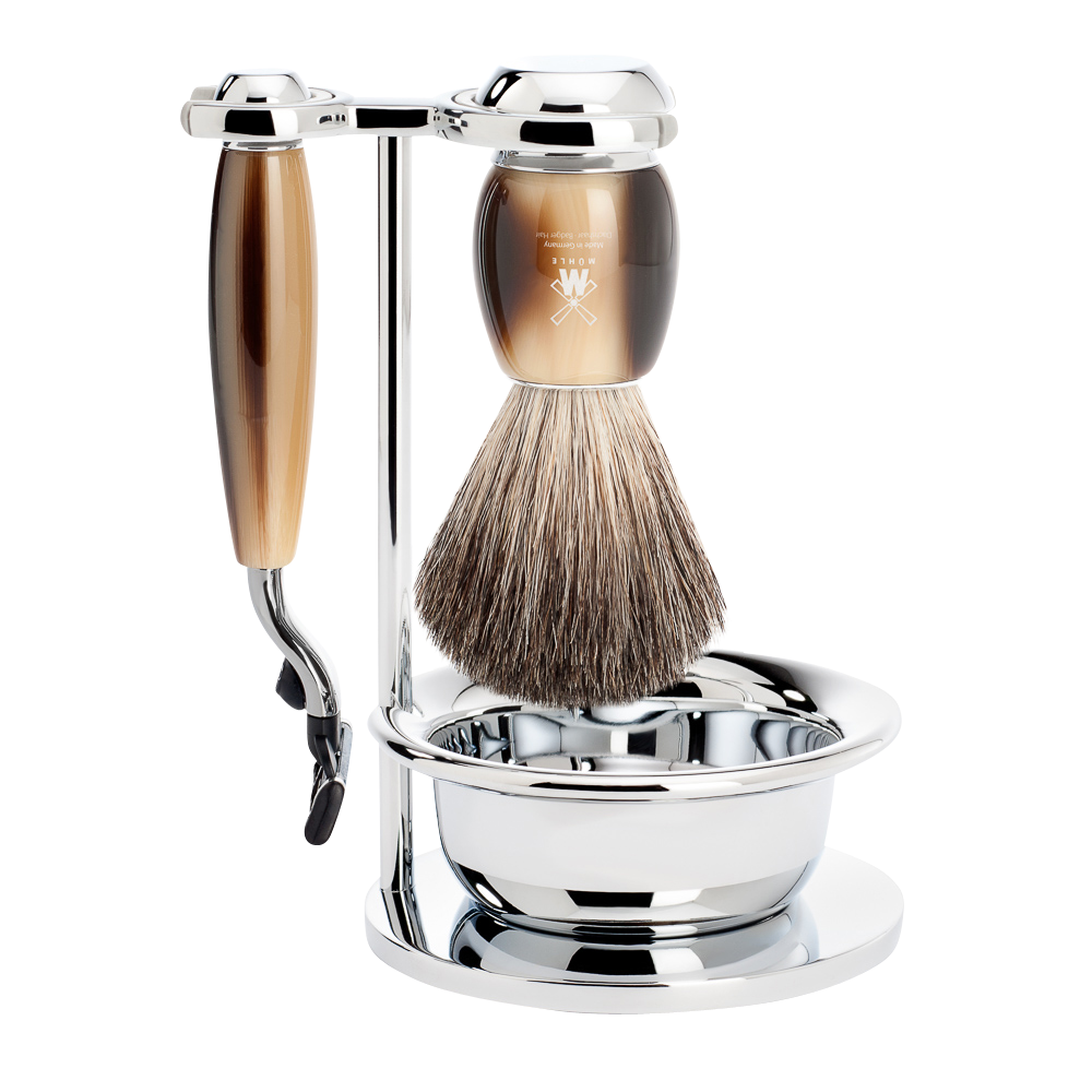 Muhle VIVO 4-piece Shaving Set- Horn Brown Resin & Mach3 Razor