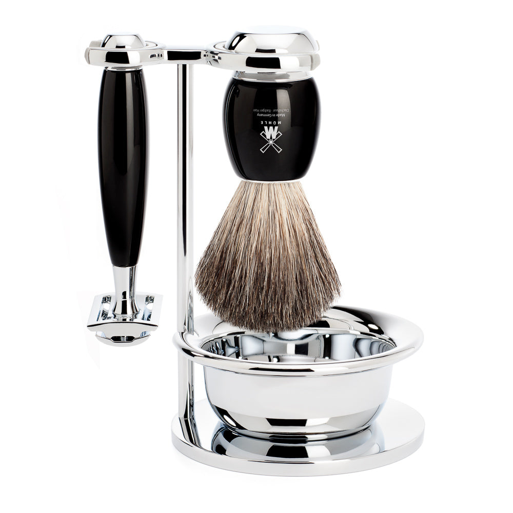 MUHLE Vivo 4 pce Shave Set. Safety razor & badger brush with bowl. BLACK RESIN HANDLE S81 M 336 SSR - Blackwood Barbers